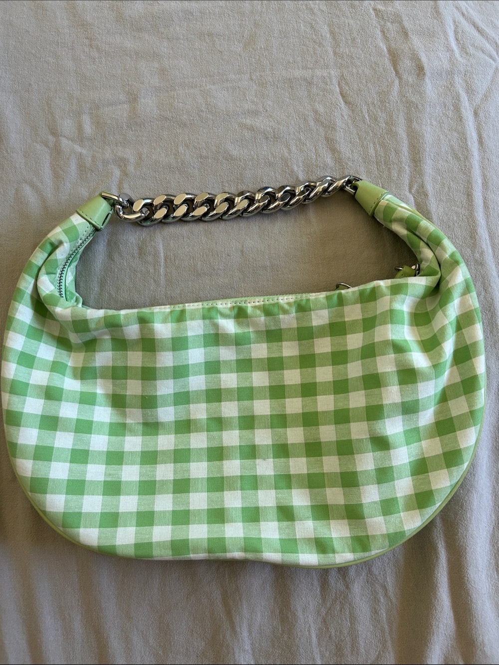 STAUD Green Gingham Shoulder Bag with Silver Chain